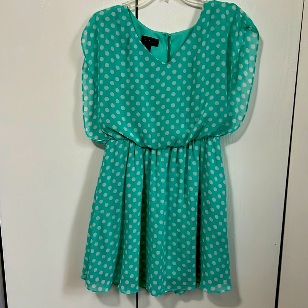 Cute BCX polkadot dress chiffon style overlay. Feminine flirty cute